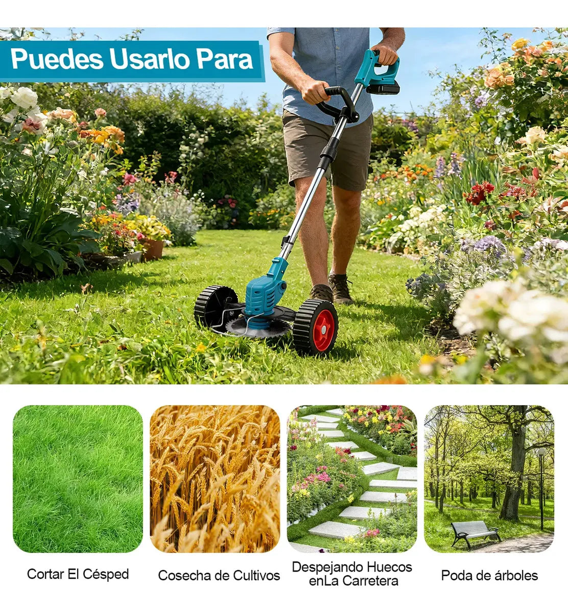 Desbrozadora Eléctrico Podadora Portátil Inalámbrica Con Ruedas Y 2 Baterías Accesorios Incluidos 11 Herramientas Para Jardineria Pasto Podadora Plegable