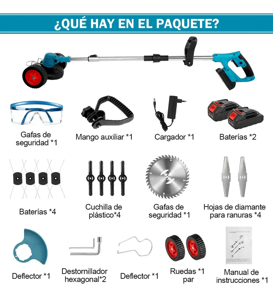 Desbrozadora Eléctrico Podadora Portátil Inalámbrica Con Ruedas Y 2 Baterías Accesorios Incluidos 11 Herramientas Para Jardineria Pasto Podadora Plegable