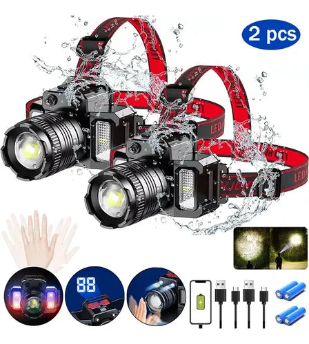 2pz Lámpara Minero Recargable Usb Led Con Sensor,5modos,200m