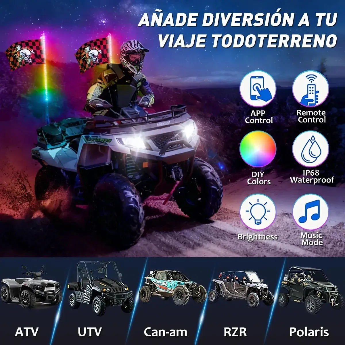 Antenas Led Para Rzr 2pcs Impermeable Rgb 63cm Con Remoto