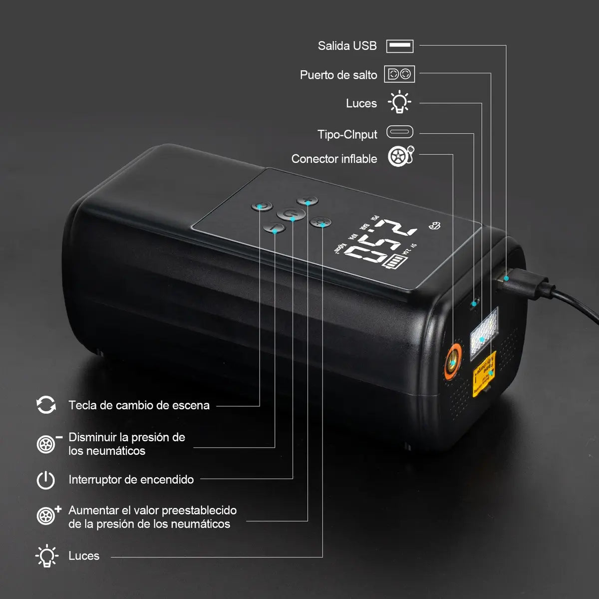 Arrancador de Batería y Compresor de Aire JZZB para Auto y Moto con Linterna