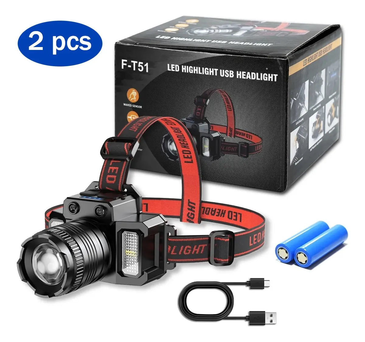 2pz Lámpara Minero Recargable Usb Led Con Sensor,5modos,200m