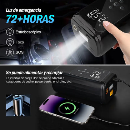 Arrancador de Batería y Compresor de Aire JZZB para Auto y Moto con Linterna