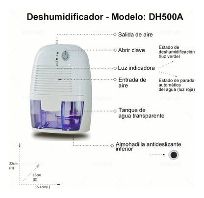 Deshumidificador Eléctrico DH500A Blanco Portátil Silencioso Para Hogar Habitaciones Baño Armario Oficina Ahorro De Energía Antihumedad Aire Limpio Compacto Eficiente