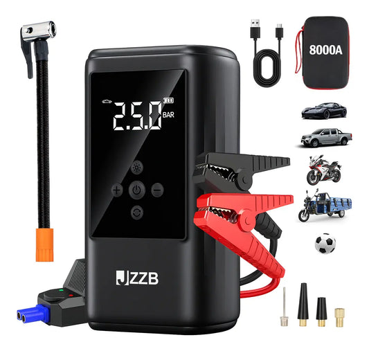 Arrancador de Batería y Compresor de Aire JZZB para Auto y Moto con Linterna