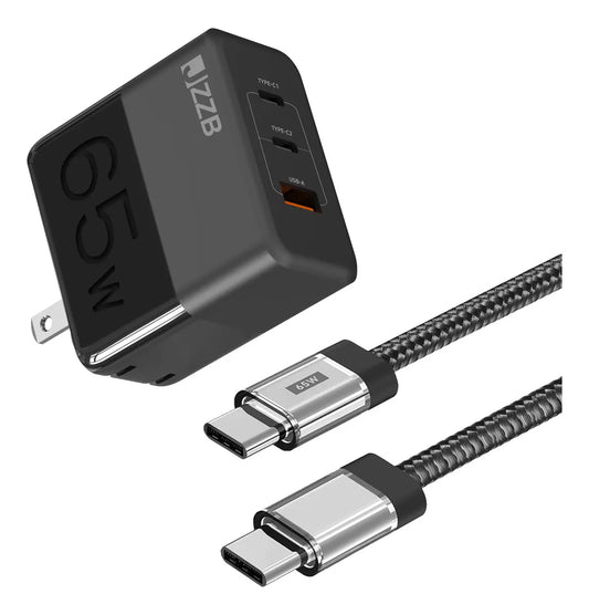 Jzzb 65w Gan Cargador De Tres Puertos Carga Rapida 2 TIPO C + 1 USB A, Con 1.5M Cable Color Negro